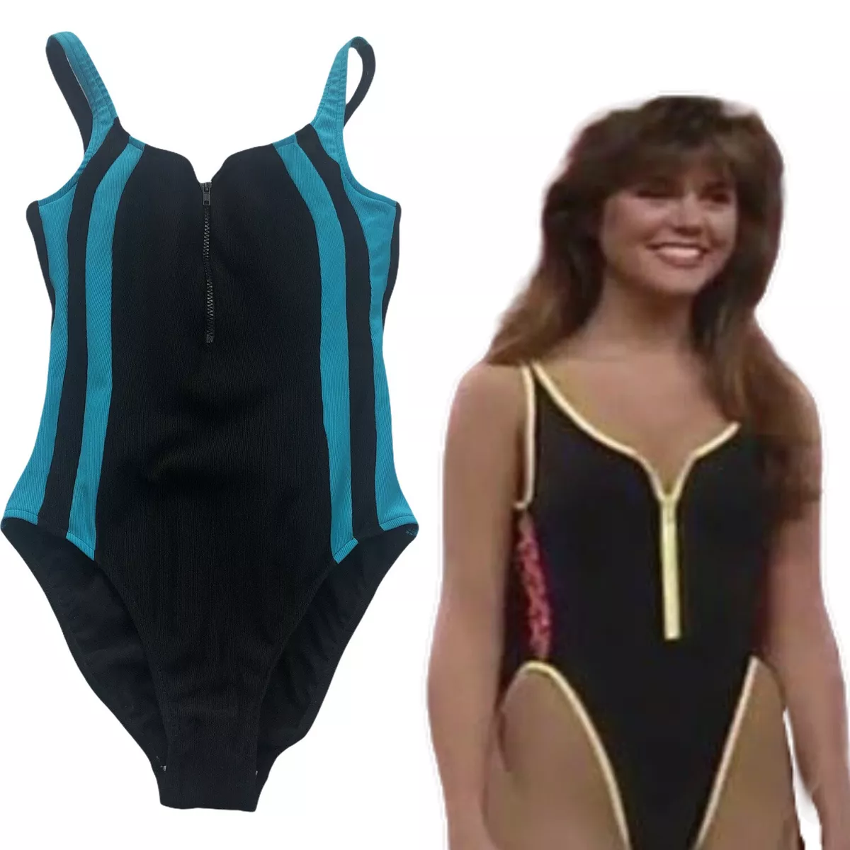 Vintage 80s 90s Zip One Piece Swimsuit Surf Beach Kelly Kapowski