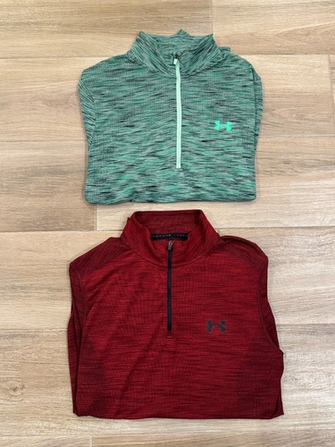 Lot of 2 Under Armour Men's 1/4 Zip Running Shirts LARGE Green Red Lightweight
