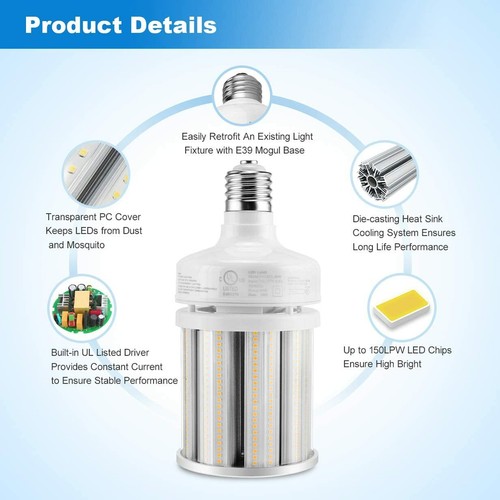 80W LED Corn Light High Bay Bulb 5000K E39 Base Parking Lot Retrofit Light DLC - Picture 4 of 12