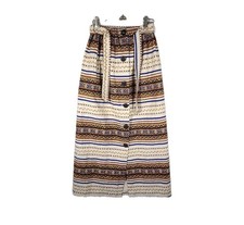 60s Barkcloth Long Skirt Big Button Front Cotton Maxi Mod Sash Elastic Waist S M