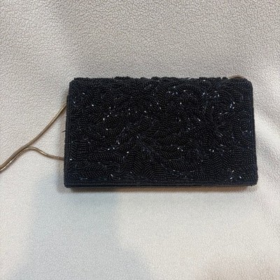 Hastings & Smith Black Beaded Floral Evening Clutch Bag Gold Snake Chain Strap