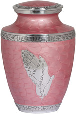 Modern Pearl Pink Cremation Urn with Praying Hands - 200 Cubic Inches
