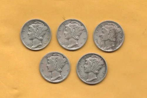 Lot of 5 Mercury Dimes-1938S, 1936, 1936, 1935S, and 1939D , Good Condition