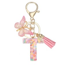 Alphabet Initial Letter Keychain Cute Charm with Tassel Butterfly Letter t Pink