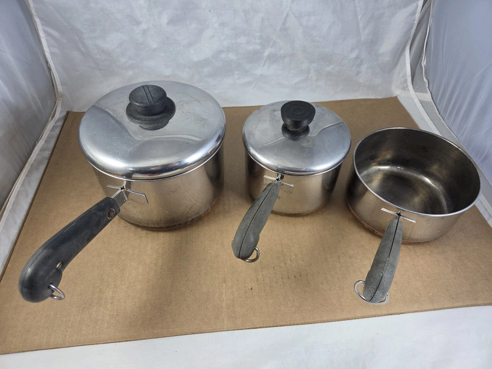 Revere Ware 1801 Copper Clad Stainless Steel 3 Piece Cookware Set with Lids VTG