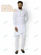 Mens Cotton Long Kurta White Top Tonic Indian Traditional Party Dress Kurta