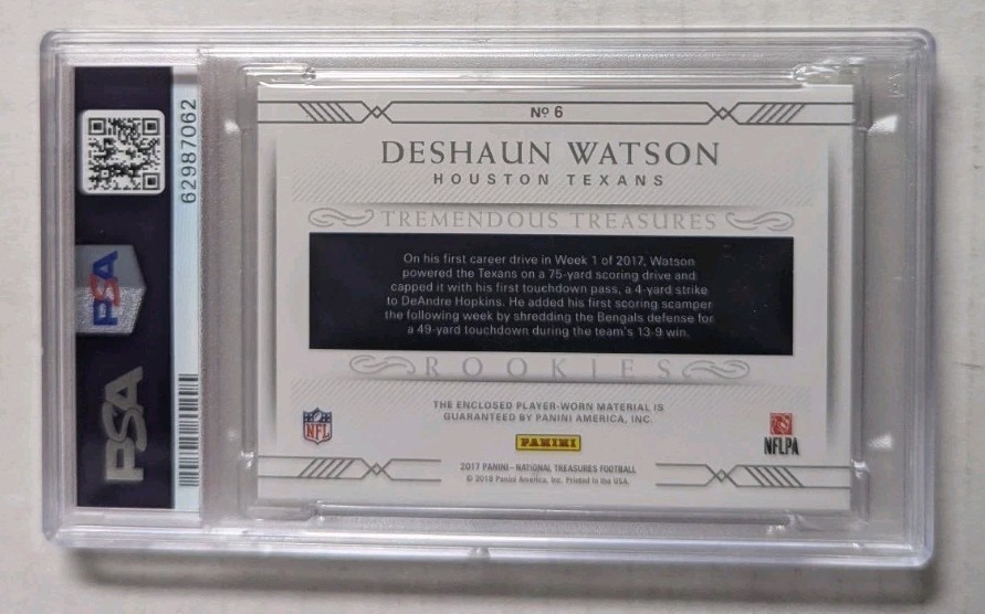 DESHAUN WATSON 2017 National Treasures #6 Rookies Prime 3-color Patch /25 PSA 9 view 2