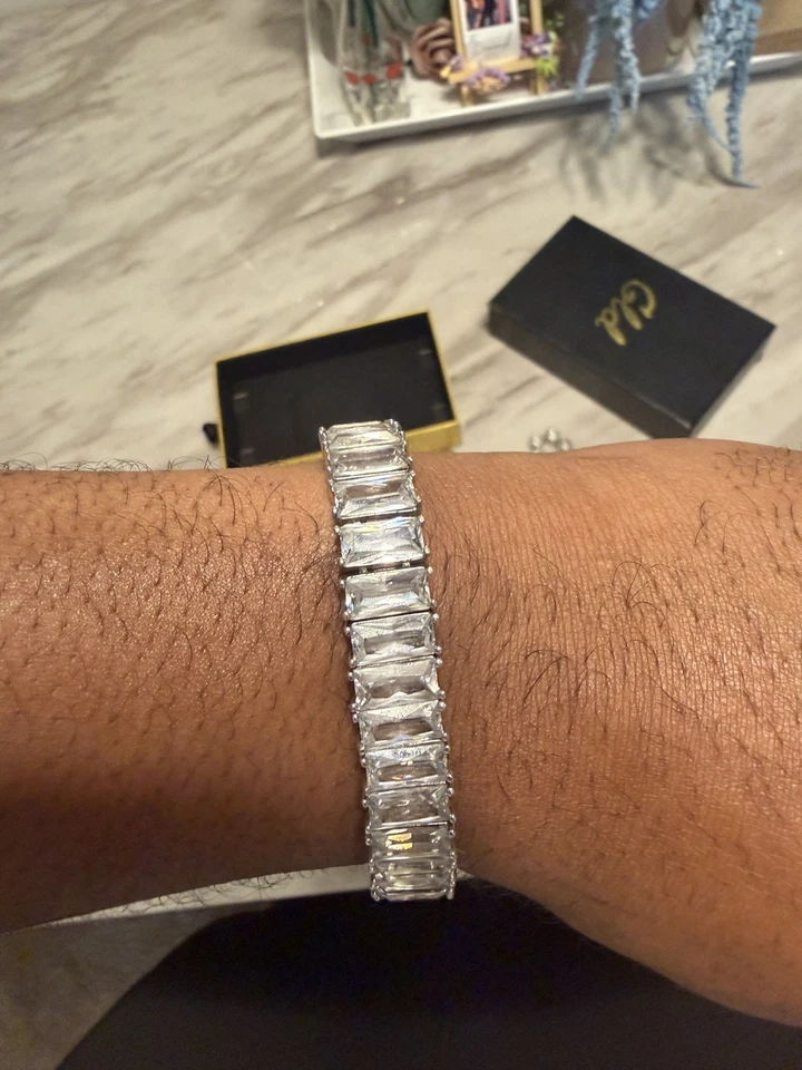 Diamond Baguette Tennis Chain + Bracelet Bundle In White Gold 18K 12MM Shop GLD - Image 4 of 4