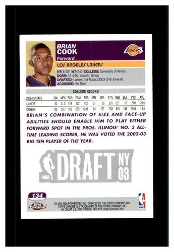 2003-04 TOPPS CHROME BASKETBALL ROOKIE #134 BRIAN COOK - 第 2/2 張圖片
