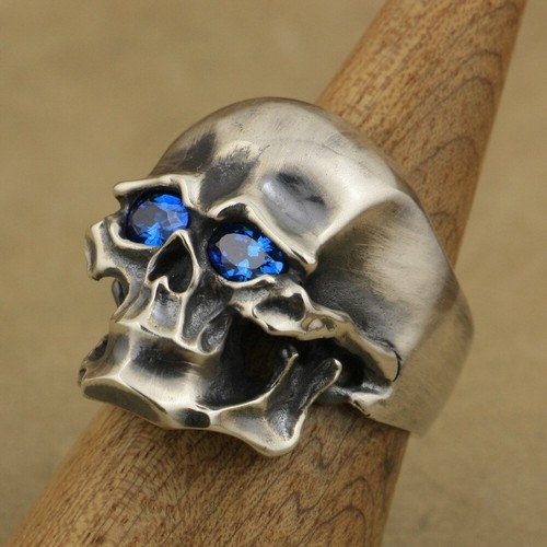 925 Sterling Silver Blue CZ Eyes Skull Ring Charms Punk Jewellery TA44C UK N½~Z4 - Picture 4 of 27