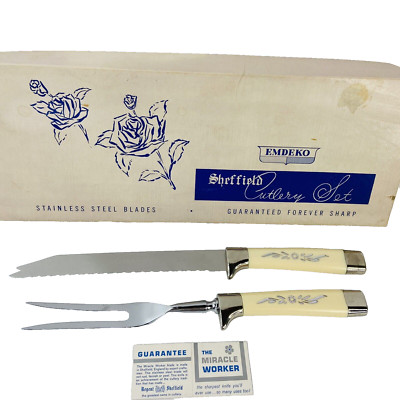 Vintage Emdeko Sheffield Cutlery Carving Serving Set Stainless Steel Blades 2pc