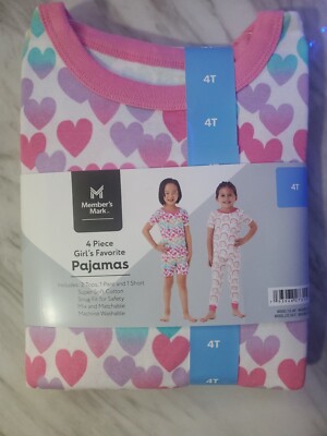 Members Mark 4 Piece Girls Favorite Pajamas Size 4T Hearts And Rainbows