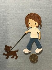 1 Girl Walking Dog Handmade Paper Die Cut Scrapbooking / Card Embellishment