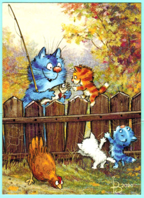 R.Zenyuk  Russian postcard Cat Fishing rod Kittens Hen Fish Catch