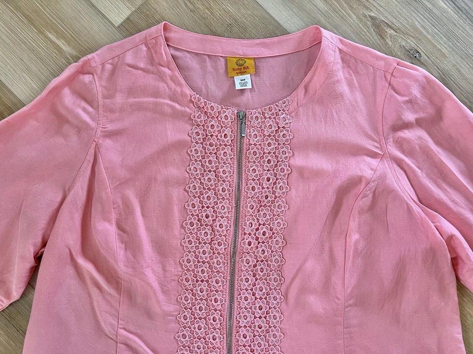 Ruby Rd 18W Linen Blend Lace Embellished Blazer Jacket Zip Up Pink Light READ - Image 2 of 4