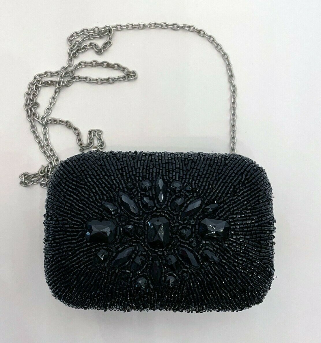 Parfois Art Deco Small Square Molded Black Beaded Shoulder Clutch
