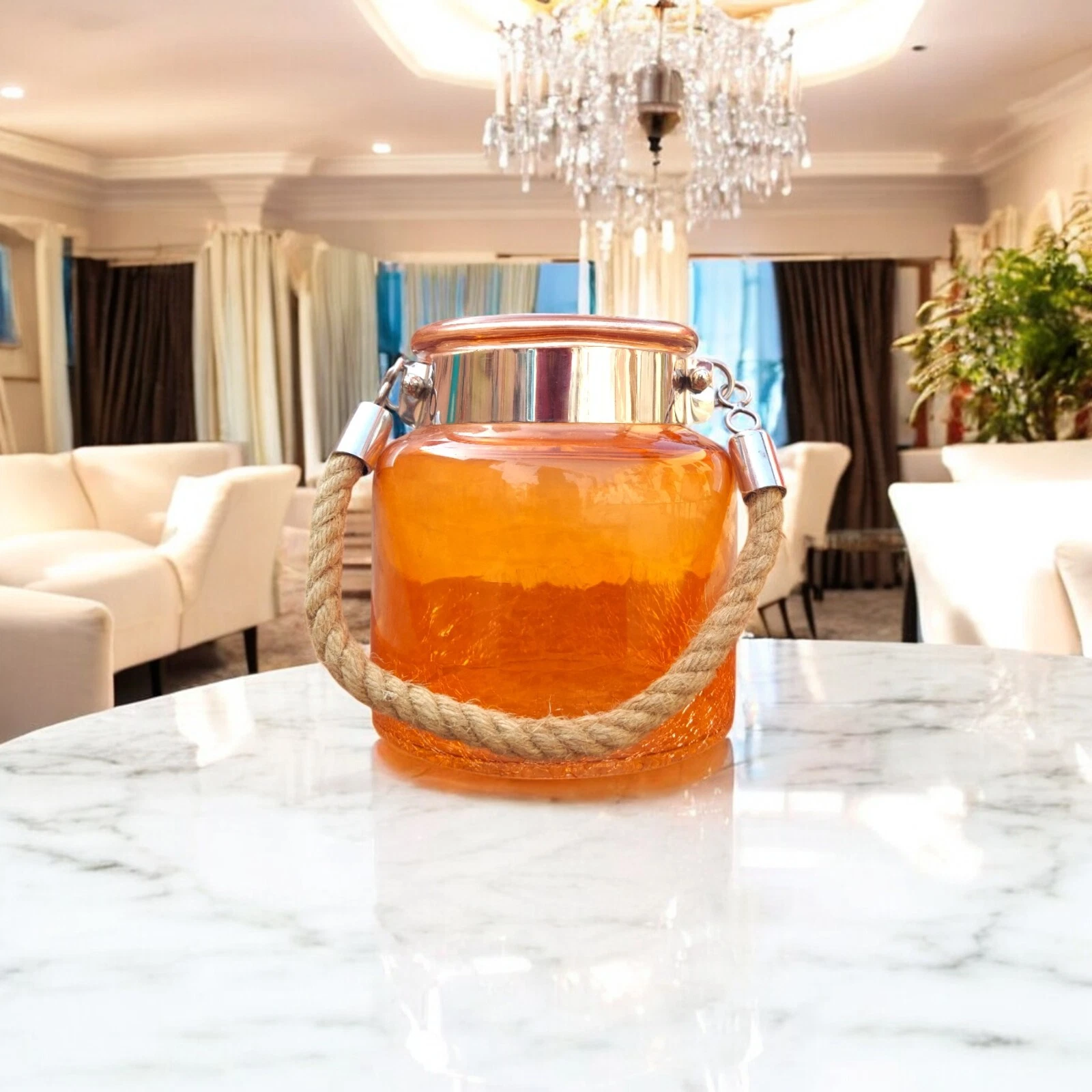 5.50" H Orange Glass Jar Half Crackled With Hanging Jute Rope