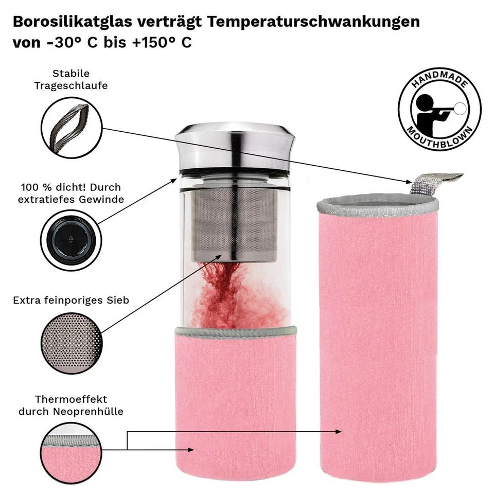 Creano "Teamaker" -Teeflasche to go aus Glas mit Sieb, Tasche (rosa) - Bild 3 von 4