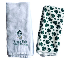 Set of 4 Irish Four Leaf Clover Kitchen Towel Set St. Patrick's Day White Green