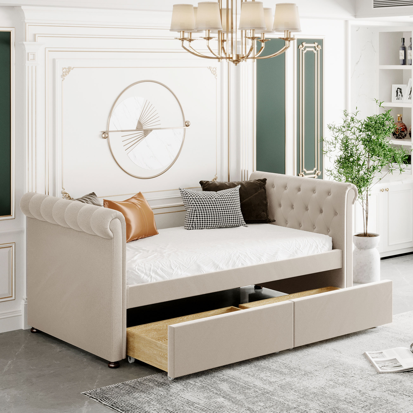 Twin Upholstered Daybed with Wood Slats and Storage Drawers in Beige 117AAA