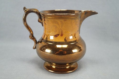 19th Century Copper Luster Orange Ocher Floral Band 4 1/4 Inch Jug / Pitcher - Picture 3 of 9