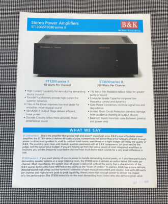 BK COMPONENTS STEREO POWER AMPLIFIERS ST1200/ST3030 SERIES II INFO. PAGE J0331