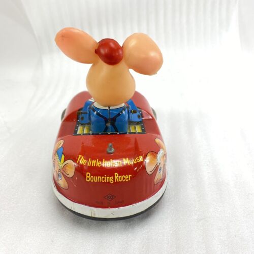 Vintage Topo Gigio Blech zum Aufziehen hüpfender Rennwagen kleine italienische Maus Japan - Bild 3 von 12
