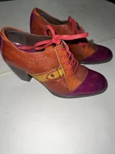 SOCOFY Booties Red Leather Embossed Floral Lace Up Ankle Boots Boho sz36 US 6