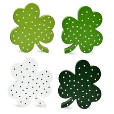 St. Patrick’s Day Wooden Shamrock Block Signs Decor Set of 4 Green White with 