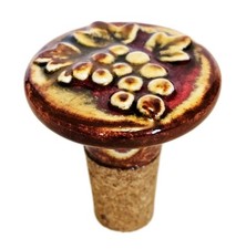 Vintage Bottle Stopper with Round Ceramic Top Embossed Grapes and Cork Base
