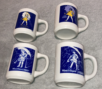 (4) Morton Salt Girl Coffee Mugs  When It Rains It Pours  1914,1921,1956,1968