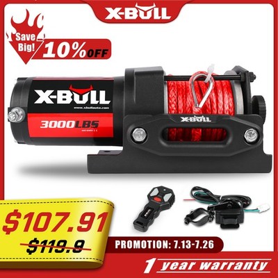 X-BULL Electric Winch 3000lb 12V Synthetic Trailer Towing  ATV/UTV Off-Road 4WD