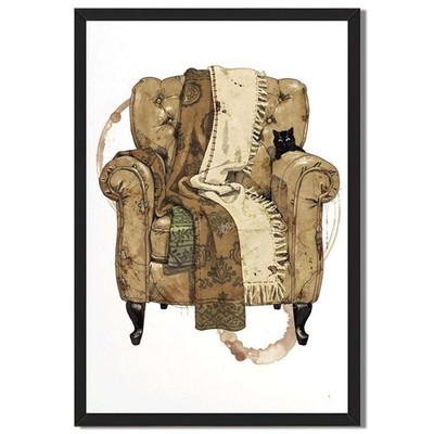 Cozy Armchair and Black Cat Wall Art Canvas Oil Paintings Reproduction
