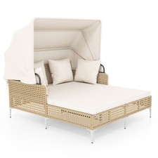 COSTWAY Outdoor Daybed PE Rattan Wicker Double Lounger Bed w/Retractable Canopy