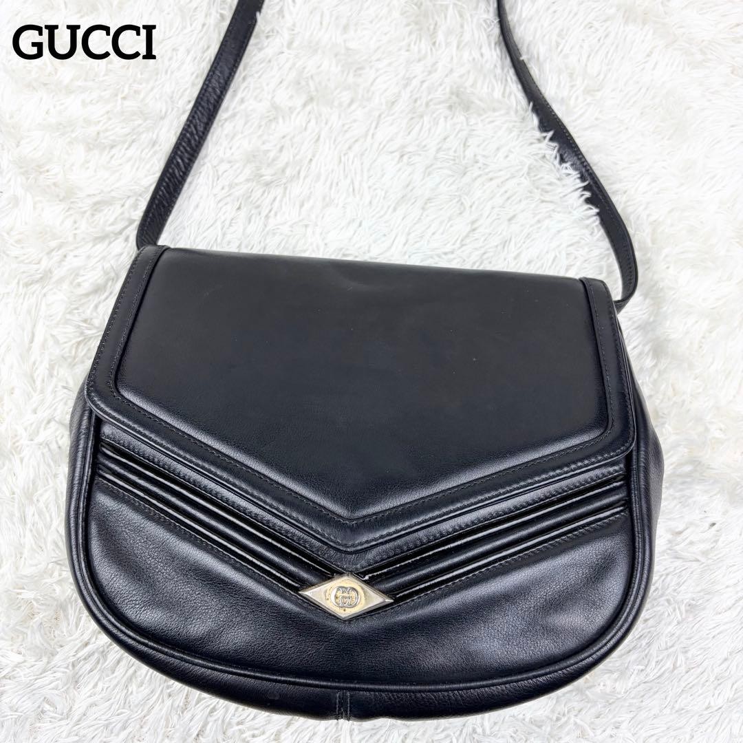 GUCCI Shoulder bag All leather Logo hardware Black Vintage Authentic From Japan