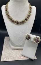 Vintage Signed Lisner Vibrant Purple & Iridescent Rhinestone Necklace & Earrings