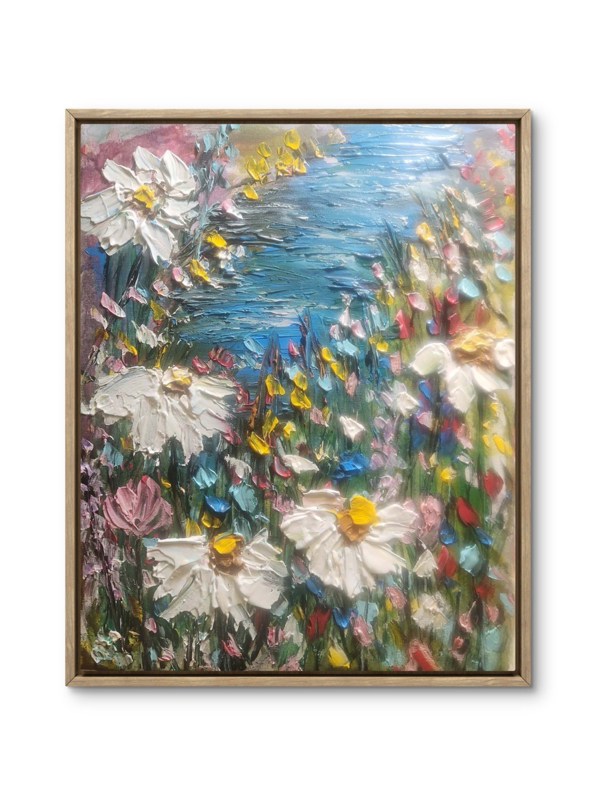 Flowers By Lake Original Art 16X20 Canvas Auction Acrylic Textured Bold Colorful