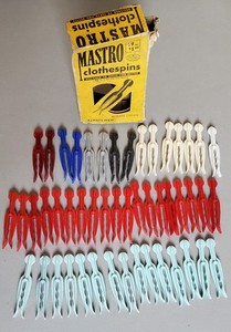 Vintage 1950's Original Box of Mastro 49 colored plastic clothespins