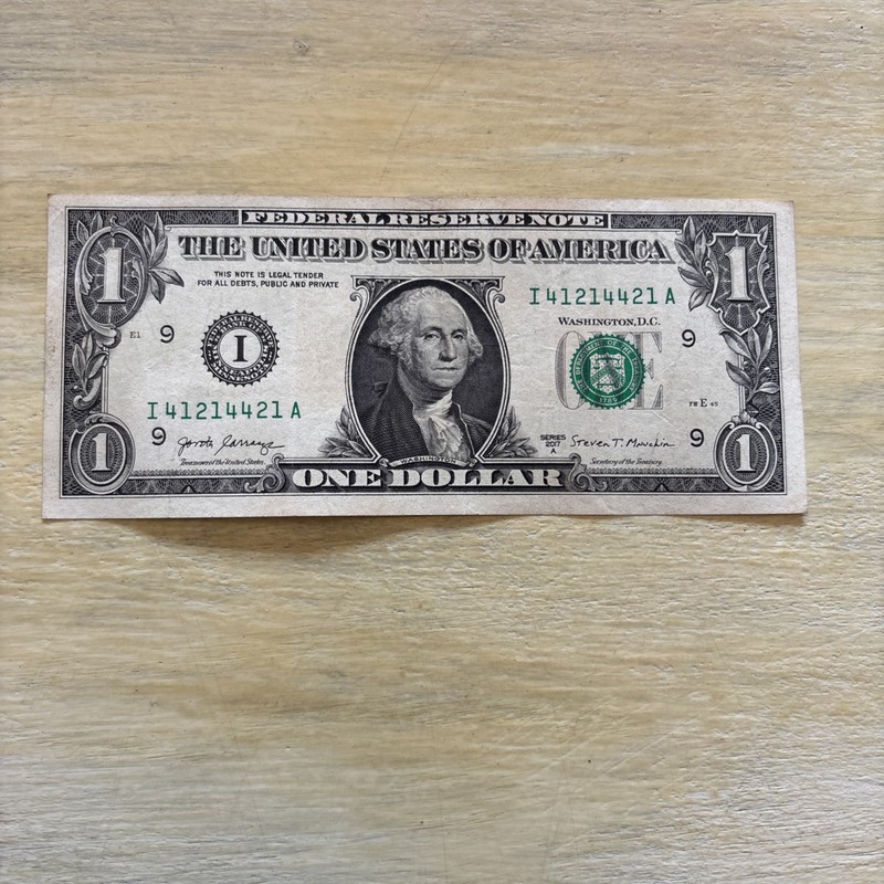 Trinary Fancy Serial Number One Dollar Bill, I 41214421 A  2017