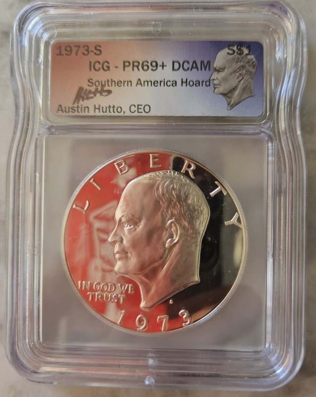 1973-S  Silver PROOF ICG PR69+ DCAM ONE DOLLAR - Signed HUTTO