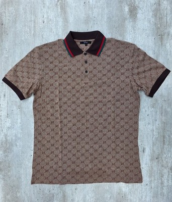 GUCCI Polo Shirt Mens Size L Brown Button Closure Short Sleeve Cotton