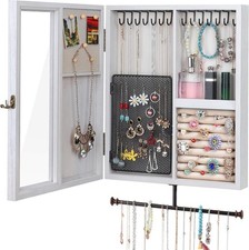 Wall Mounted Rustic Wood Jewelry Organizer Cabinet - White  Large Hanging