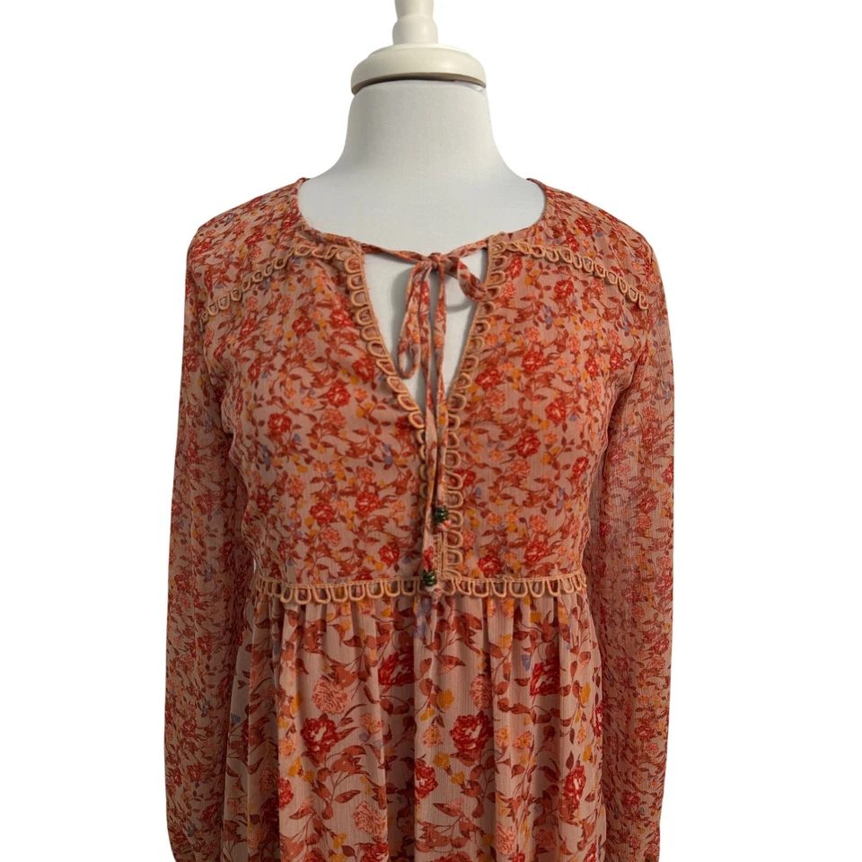 Maxi Vestido Para Mujer M Cottagecore Pradera Floral Transparente Volantes Naranja Quemado Otoño Foto 3 de 4