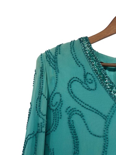 Vtg Nite Line Evening Dress Womens size 14 Aqua Silk Beaded Sequin Tiered Shift - Picture 10 of 12