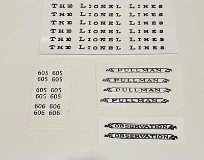 EARLY LIONEL LINES 605-605-606 PASSENGER SET BLACK WATERSLIDE DECAL w/SERIF LOOK
