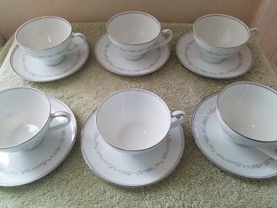 6 Noritake Brooklane White & Gray, Platinum Trim Cup & Saucer Sets #6112 Japan