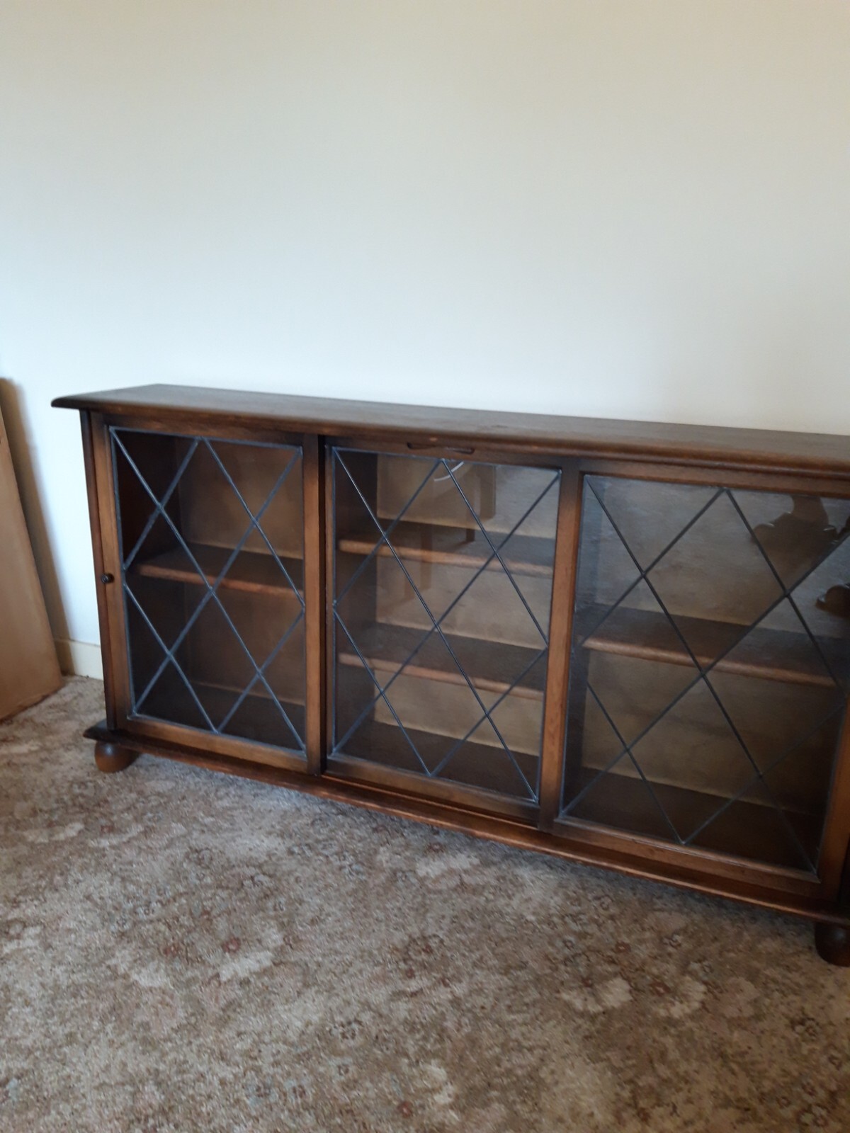 Vintage wooden bookcase display with leaded glass sliding doors eBay