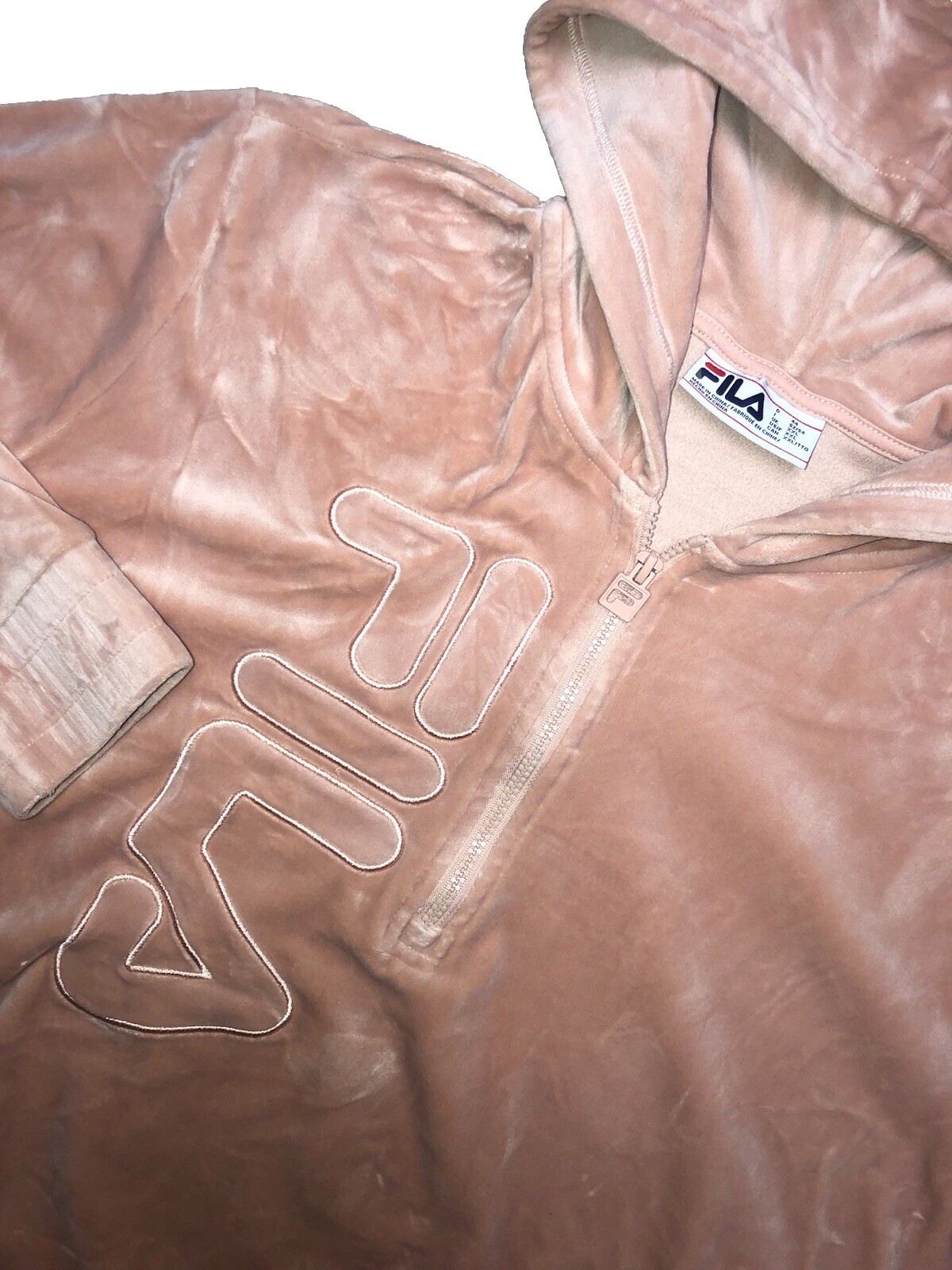 Felpa con cappuccio pullover Fila donna velluto 1 4 quarto zip Y2k pesca XXL