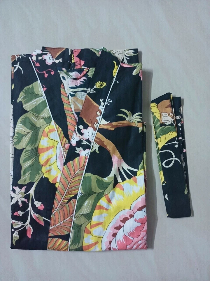 Vestido largo kimono de algodón estampado a mano para mujer ropa de dormir india Foto 3 de 4