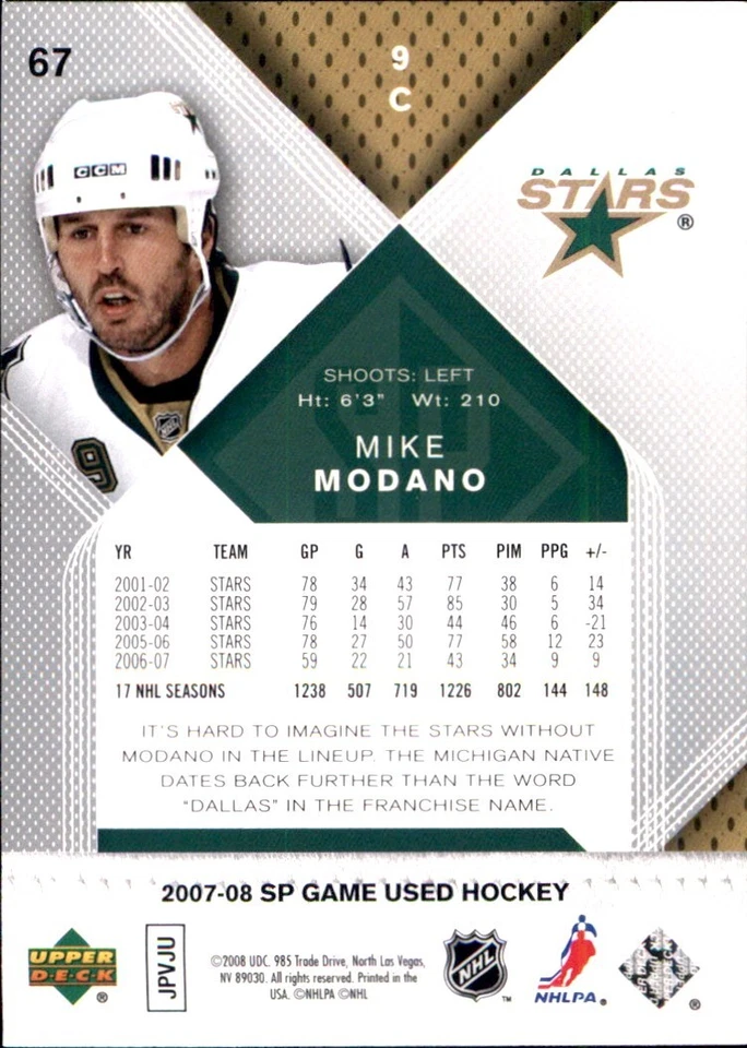 Mike Modano DALLAS STARS 2007-08 SP Game Used Base Card #67 Upper Deck - Image 2 of 2